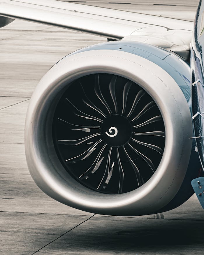 Detailed view of an airplane engine on a runway in Raleigh, North Carolina.